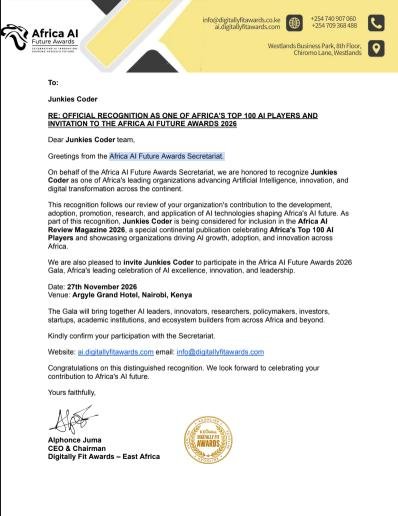 OFFICIAL RECOGNITION AS ONE OF AFRICA'S TOP 100 AI PLAYERS AND INVITATION TO THE AFRICA AI FUTURE AWARDS 2026